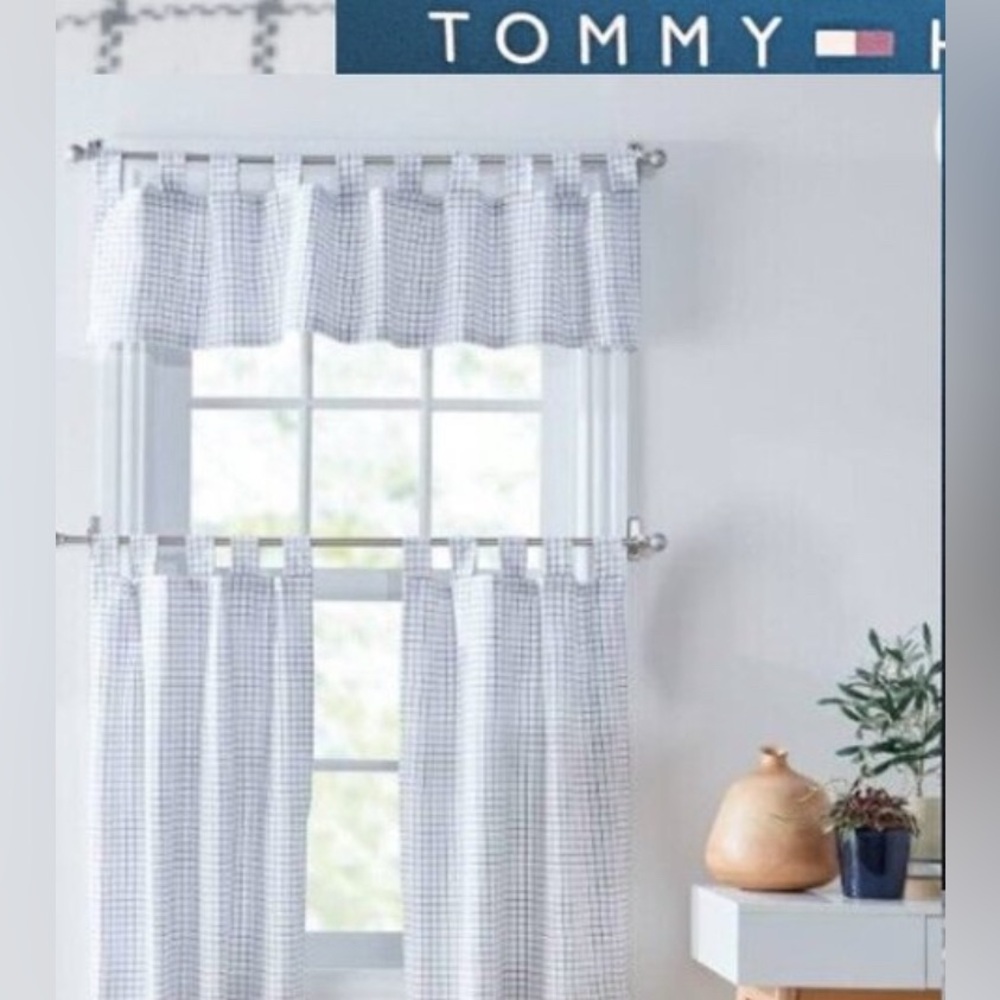 Tommy Hilfiger Kitchen Curtain 3-Piece Tab Top Valance and 2 Tier Set Cotton